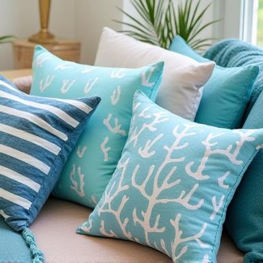 Cuscini decorativi in tonalità blu e turchese con motivi di corallo, parte della collezione Accessori Tessili di Marinus Design.