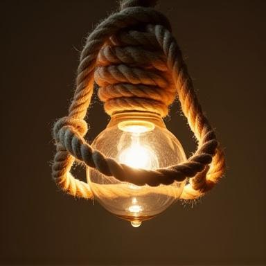 Lampada a sospensione unica realizzata con corde nautiche e vetro soffiato, della collezione Illuminazione Nautica.